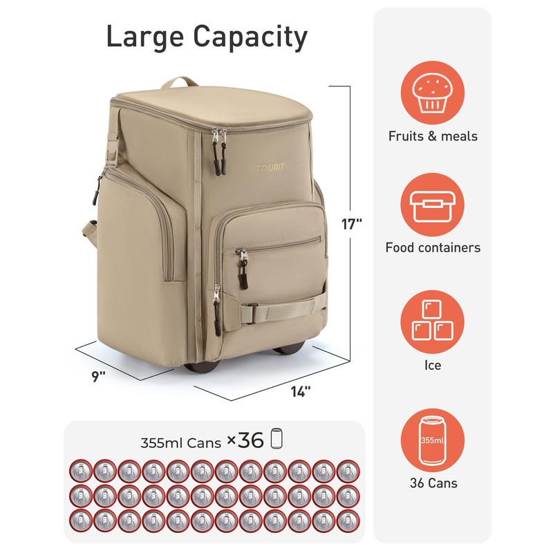 TOURIT Rolling Cooler Backpack: Leakproof Waterproof Insulated 36 Cans Beach
