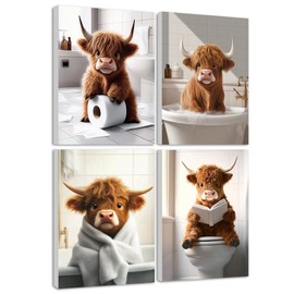 KUVIOKE Cute Highland Cow Bathroom Framed Wall Art Funny Animal Rustic Bathroom Canvas Prints Restroom Farmhouse Ready to Hang Set of 4, 12x16in (Framed)