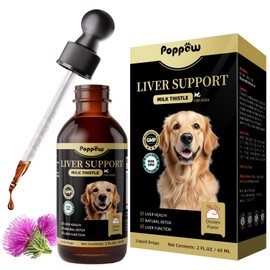 POPPAW Milk Thistle for Dogs – 9-in-1 Liver and Kidney Support Drops with Artichoke, Resveratrol, Marigold Extract, 100% Natural Detox Supplement for Liver Function, Split Dropper, Chicken Flavor, 2oz