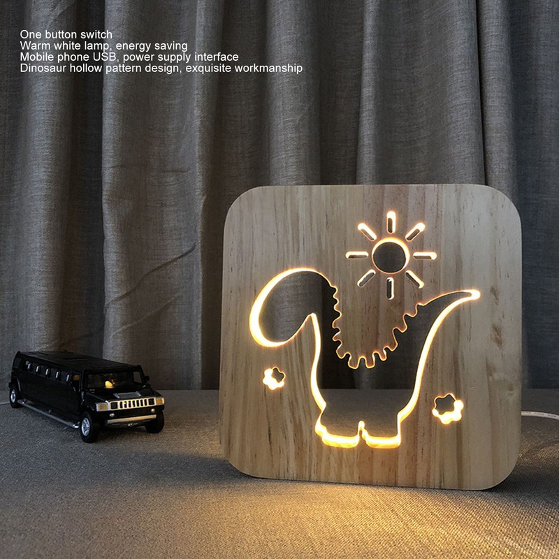 Wood Carving Lamp Dinosaur Hollow Pattern Warm White Light USB