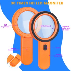 AIXPI Magnifying Glass with Light, 30X Handheld Large Magnifying Glass 12 LED Illuminated Lighted Magnifier for Macular Degeneration Seniors Reading Inspection Coins Jewelry (Orange)