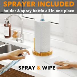 SpaceAid SprayNeat Bamboo Paper Towel Holder with Spray Bottle, Countertop Paper Towels Dispenser Stand with Sprayer, Under Cabinet Papertowels Roller for Kitchen (Bamboo)