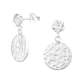 Bungsa Women's Stud Earrings with Crystal and Hammered Plates, 925 Sterling Silver, Silver, Cubic Zirconia