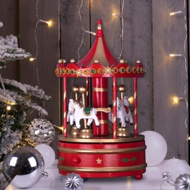 mysmartbuy.com Red & Gold Wooden Carousel Music Box Christmas Decoration – Fully Mechanical Rotating Festive Xmas Home Decor Ornament for Table, Windowsill, Fireplace – Measures H23 x 14cm Diameter