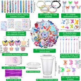Chivertion 251 Pcs Butterfly Party Favors Fairy Birthday Supplies for Girl, 20 Sets 17 oz Clear Cups with Lids Keychains Hairpins Stickers Pens Tattoo Sticker Bracelet Notebook Hair Rope Bookmark Card