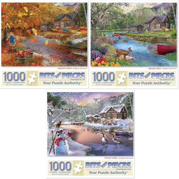 Bits and Pieces - Value Set of Three (3) 1000 Piece Jigsaw Puzzles for Adults - Each Puzzle Measures 20" x 27" - 1000 pc Autumn, Spring, Winter Cabin Jigsaws by Artist Bigelow Illustrations