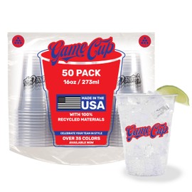 Game Cup 16oz Clear Plastic Cups (50 Pack) Made in the USA from Recycled PET Plastic | 100% Recyclable Clear Disposable Plastic Cups for Party, Tailgating, Game Day & More - Red & Blue
