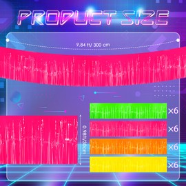 Tingjoo 24 Pcs Glow in The Dark Party Supplies Neon Party Decorations 9.84 x 0.98 ft 80s 90s Decor Neon Foil Fringe Curtains Tinsel Garland Streamers Colorful Backdrop Photo Prop for Birthday Decor