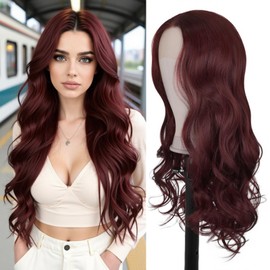 Wine Red Wig 26 inch Long Wavy Burgundy Wigs for Women, 13X4X1 HD T-part Synthetic Lace Front Wig Natural Looking As Human Hair Middle Part Pre Plucked Glueless Wigs for Daily Party Cosplay Use
