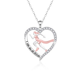 Heart Running Necklace for Women - 925 Sterling Silver Running Marathon Pendants Inspirational Sweatproof Athletic Necklace Sport Themed Jewelry Gift Ideas for Runners