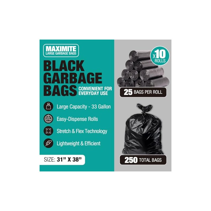 32-33 Gallon Black Trash Bags, Heavy-Duty | 32” x 38”