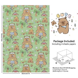 Cute Capybara Gift Wrapping Paper,4 Folded Sheets Green Gift Wrap Paper Funny Cartoon Animal Capybara Riding Bike Sport Wrapping Paper for Kids Spring Christmas Birthday Party Gift Wrap,20x28 inch