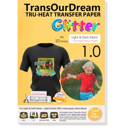 TransOurDream Tru-Glitter Transfer Paper Printable Inkjet Vinyl HTV 10 Sheets A4 Iron on Transfers Dark Image with Reflect Colorful Shimmer Under Light (G-1.0-10)