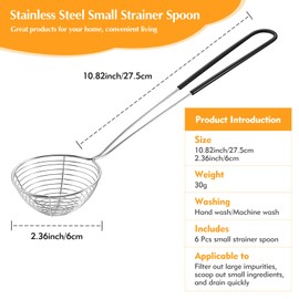 6Pcs Hot Pot Strainer Spoons with Handle, Stainless Steel Spider Strainer, Black Small Skimmer Spoon, Ideal for Kitchen Cooking and Frying Food