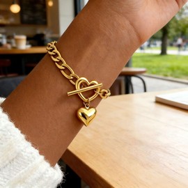 366DAYS Heart Charm Bracelet for Women, Stainless Steel 18K Gold Plated Bracelet Heart Pendant Link Chain OT Clasp, Jewelry Gift for Her (Gold)