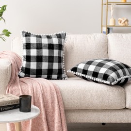 PAVILIA Plaid Black White Throw Pillow Covers Pom Pom 18x18 Set of 2, Decorative Pillow Cases for Bedroom Aesthetic, Buffalo Check Small Pillows Set for Bed, Velvet Euro Plush Cushion Cover Sofa Couch