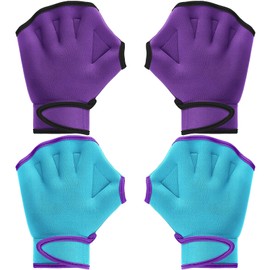 Sumind 2 Pairs Swimming Gloves Aquatic Training Gloves Neoprene Mittens Webbed Fitness Water Resistance Training Mittens for Men Women Swimming Diving with Wrist Strap(Medium,Light Blue, Purple)