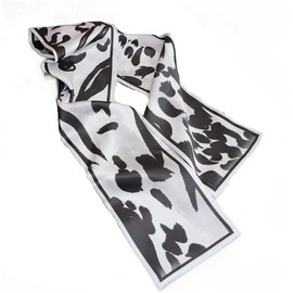 GIMIRO Satin Silk Scarf Double Layers 150 x 16 cm Tie Flowers Waist Belt for Blazer, Coat, Dress, White Black Shadow