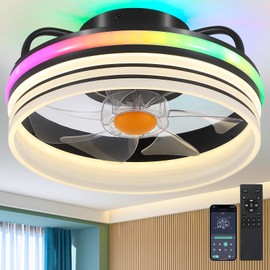 Flush Mount Ceiling Fan with Light - Small Low Profile Ceiling Fan,13" RGB Dimmable LED Bladeless Ceiling Fans, Modern Enclosed LED-RGB Ambient Light for Bedroom, Kids Room, Party