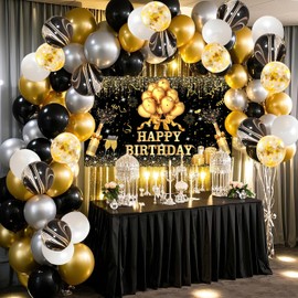 YinQin 63 PCS Black Gold Happy Birthday Party Balloons Set with Photo Backgrounds Backdrops Banner Cloth Confetti Balloon Black Golden Happy Birthday Party Supplies Decorations for Men Women