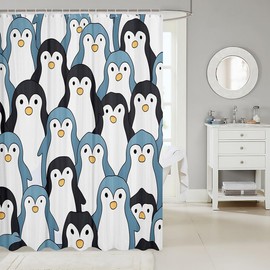 Feelyou Penguin Shower Curtain Cartoon Penguin Fabric Shower Curtain for Kids Boys Girls Cute Polar Animal Pattern Bathroom Waterproof Accessories with 12 Hooks Snowy Winter Curtains,72x72 Inches