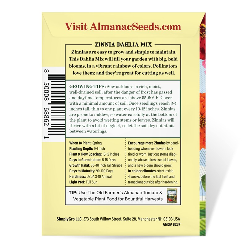 The Old Farmer's Almanac Zinnia Seeds (Dahlia Mix) - Approx