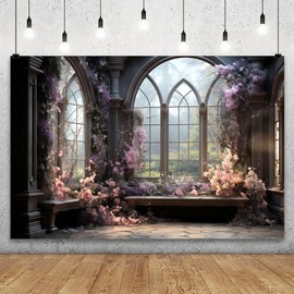 YongFoto Retro Flower House Interior Backdrop 12x10ft French Garden Arched Glass Window Scenery Photography Background Bridal Shower Wedding Prom Party Banner Room Decor Portrait Photoshoot Wallpaper