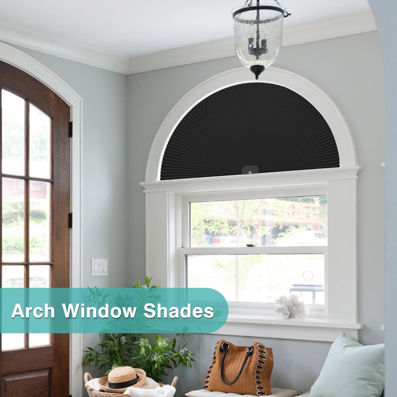 Changshade Arch Window Shades Blackout,Half Moon(Radius:36") Blackout Pleated Window Shades,