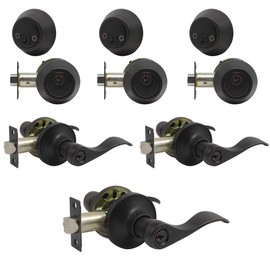 Brotima 3 Pack Exterior Door Lock Set, Oil Rubbed Bronze Door Handle with Single Cylinder Deadbolt, Keyed Alike Heavy Duty Front Entry Door Lock Set