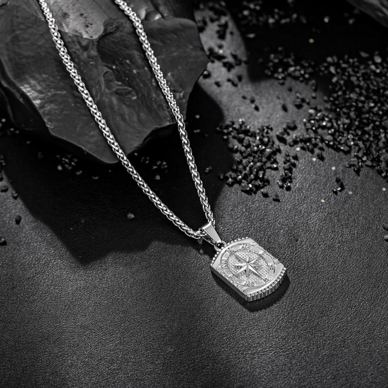 murtoo Pendant Necklace for Men, Stainless Steel Compass Mens Necklace