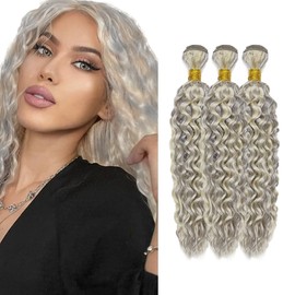 28 30 32 Inch PGrey/613 Human Hair Bundles Highlight Bundles Silver Kinky Curly Human Hair Bundles Grade 8A Remy Hair 3 Bundles Two Tone Gray Mixed With Blonde Bundle