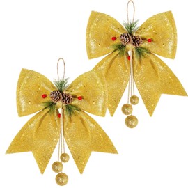 HONGCI 2 Pack Gold Bows for Christmas Tree,Large Glitter Gold Wreaths Bows Christmas Bows for Tree Decorations,Xmas Tree Bows,Sequin Bows Ties Ornaments for Christmas Tree,Wreaths,Garland Decorations