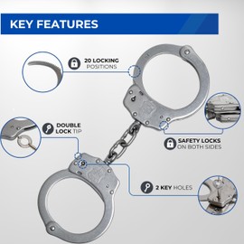 Police Magnum Heavy Duty Steel Handcuffs-Professional Grade Restraints- Double Safety Locks-Security Guard-Law Enforcement Tactical Gear (Stainless Steel)