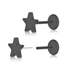 ZDE Women Earrings Threadless Flat Back Star Earrings Titanium Hypoallergenic Cartilage Non-Nickel Pink Push Back Earrings Studs for Sensitive Ears Simple Classic Earstuds (Black)