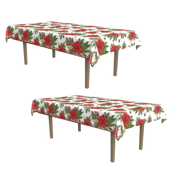 Beistle Poinsettia Tablecovers, 54” x 108”, 2 Pieces – Plastic