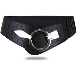 Elastic Women's Waist Belt, Approx. 6 cm-Wide Waist Belt with Silver Ring Buckle - black