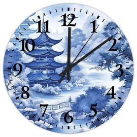 Silent Wall Clock Battery Operated Non Ticking Analog Chinoiserie Asian Pagoda White Blue Porcelain Modern Wall Clocks Chinoiserie Toile Oriental Floral Wall Decor for Study Room School Church 10 inch