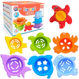 TECHNOK Rainbow Stacking Cups with Fun Spinner (7 Pieces) - Sea Animal Shapes Bath Toy