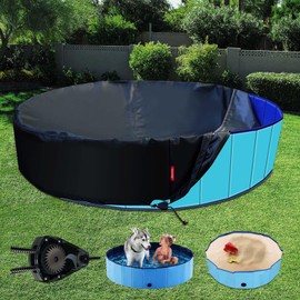 QH.HOME[2025 Upgraded Windproof] 63-64 inch Kiddie Pool Cover Round, Collapsible Dog Pool Cover with Super Windproof Ratchet Design, Odorless Waterproof Fabric Material and - Only Cover