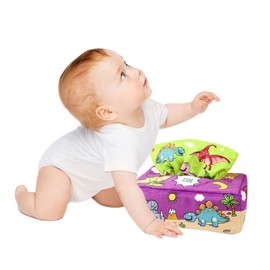 Baby Tissue Box Toy Cartoon Crinkle Toys Reusable Baby Sensory Toys Colorful Soft Scarf Box for Infants Newborns Gift