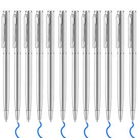 Yaure Joy 6/12 Pcs Blue Ink Silver Pens Slim Metal Ballpoint Pen Retractable Pen for Office Business Students Teachers Wedding Guest (12)