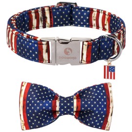 DOGWONG Ameirican Flag Dog Collar with Bow - Independence Bowtie Dog Collars, Adjustable Patriotic Pet Collars 4th of July Dog Collar for Small Medium Large Dogs