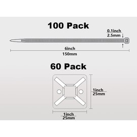 Oksdown 100 Pack Black Plastic Nylon Cable Ties with 60 Pieces Strong 25x25mm/1inch Self Adhesive Wire Tidy Clips Mount Base Holders Small Zip Tie 150×2.5mm(6×0.1inch) for Cable Management