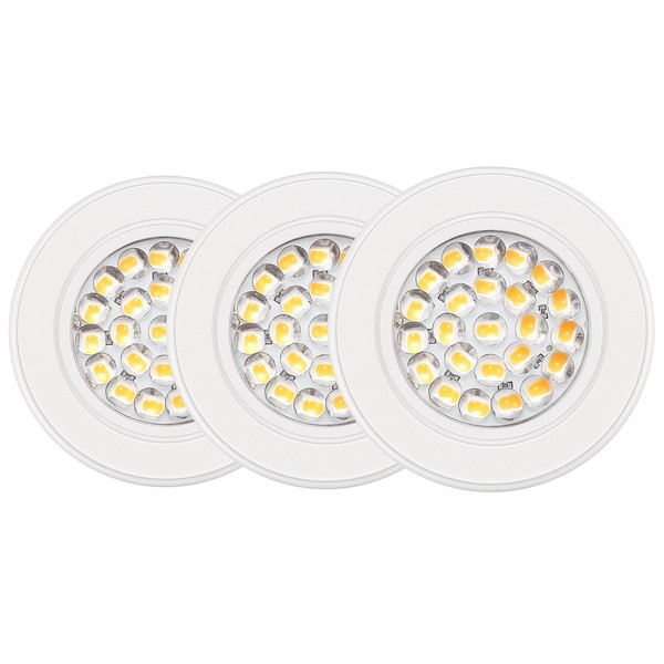 GetInLight Dimmable LED Puck Lights Kit with ETL Listed, Recessed or Surface Mount Design, Soft White 3000K, 12V, 2.5W, White Finished, (Pack of 3), IN-0113-3-WH