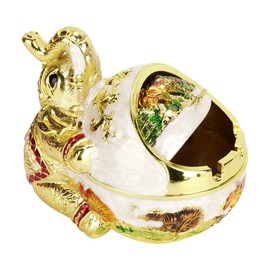 Elephant Ashtray with Lid for Outside Patio, Windproof Vintage Ash Tray for Indoor Outdoor Use, Decorative Elephant Hugging Globe Ashtray, Gift for Smokers, Gold White Finish