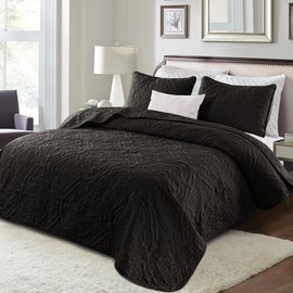 Exclusivo Mezcla Quilt Set Full Queen Size, Lightweight Vintage Quilts with 2 Pillow Shams, Soft Queen Bedspreads Coverlets Bedding Set for All Seasons, (90"x96", Black)