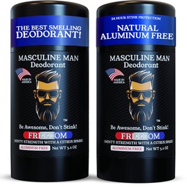 MASCULINE MAN Deodorant for Men - Aluminum Free, Mens Deodorant, Natural Ingredients, Best Smelling, 24-Hour Protection, Stain Free, Travel Size, Made in USA 2 Pack - 3.2oz (Freedom)