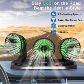 Moqidong USB Car Fan - Portable 3-Head USB Desk Cooling Fan with 2 Wind Speed, 360° Rotation USB Powered for Car Dashboard Sedan SUV RV Boat Truck Cruise Home Office Use
