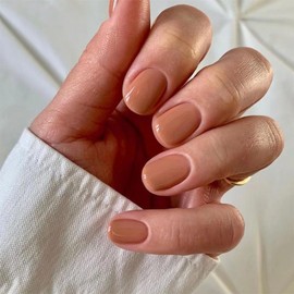 evpct Nude Brown Press on Nails Short Midium Oval for Women Gift, Glossy Brown Fake Nail with Soft Gel Salon Quality Reusable Stick on Nails Full Cover Artificial Nail Glue Soft Gel Set Kit 24Pcs, 02