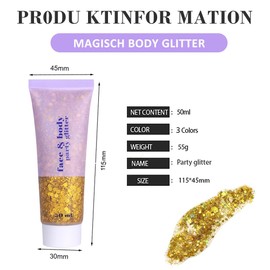 Pack of 3 Body Glitter Gel, Glitter Face Gel, Body Glitter, Festival Glitter Face Mermaid Sequins Liquid Gel, for Face Nails Eyes Lips Hair Body (Silver + Gold + White)